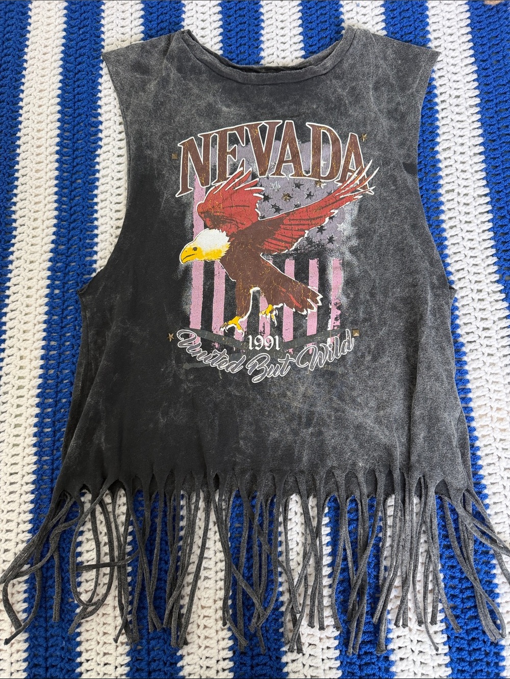 Atmosphere Black Graphic Fringe Muscle Tee with Red Accents